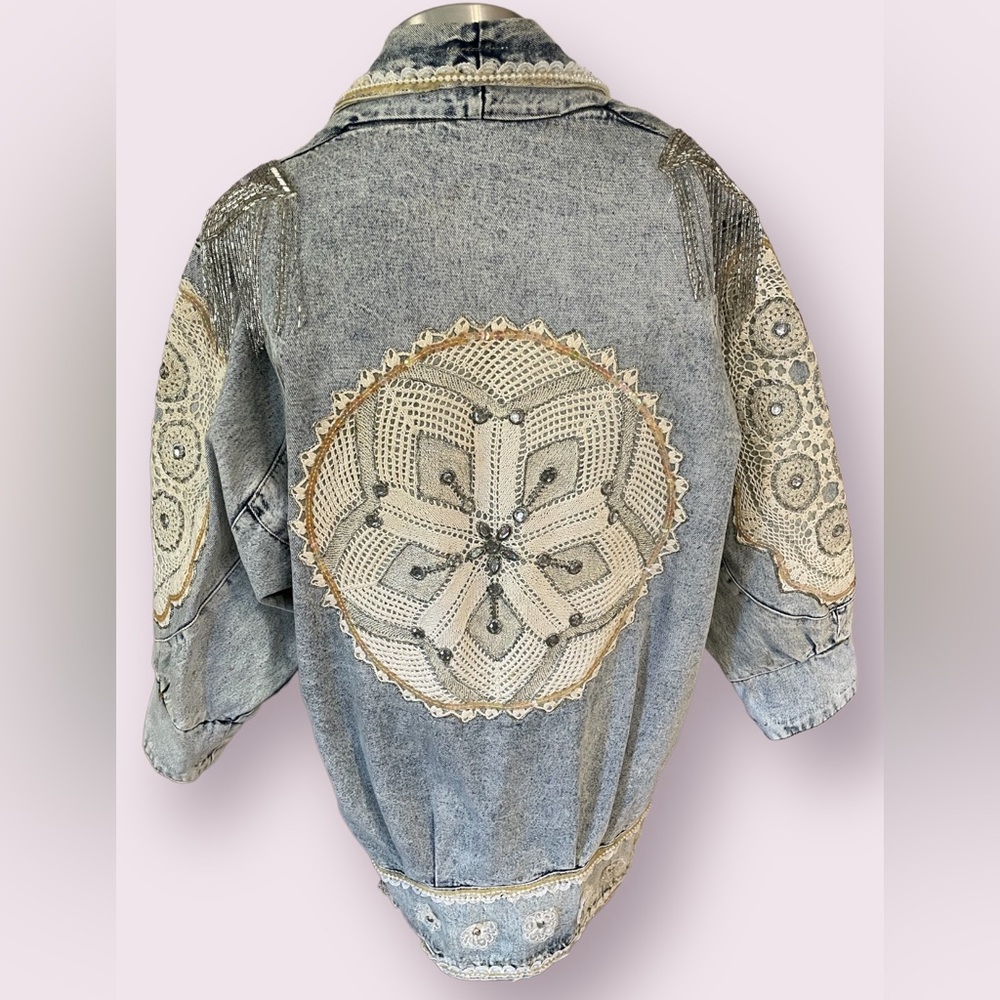 Vintage 80s acid wash lace floral and pearl custom embroidered oversized jacket